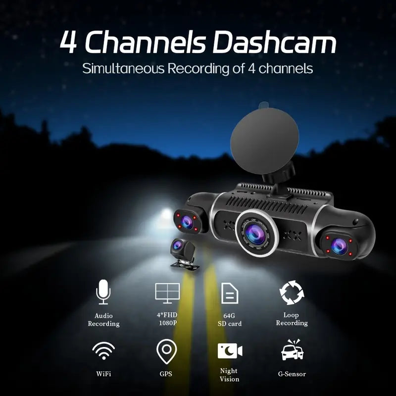 4K Quad-channel Car Dashboard Camera with 360° With Night Vision
