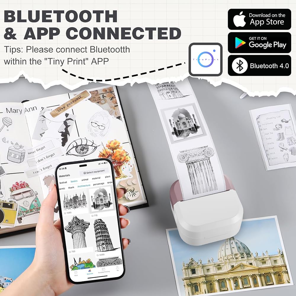 Mini Printer, Inkless, Thermal, Bluetooth, Portable Printer, Compatible Android, iOS Mobile. 1 Year Warranty