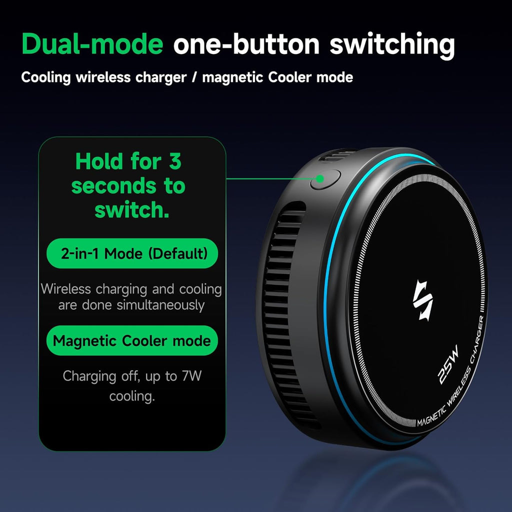 Black Shark Wireless Charger with Cooling Fan, 25W Dual-Sided Magnetic Pad Compatible with Phone Series 12 Above mag-Safe Charging, Phone Cooler for Gaming/Streaming