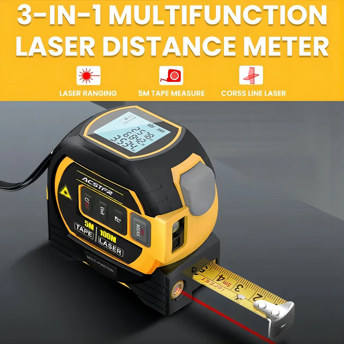 3-in-1 Digital Laser Distance Meter & Tape Measurement 5x40 m Range